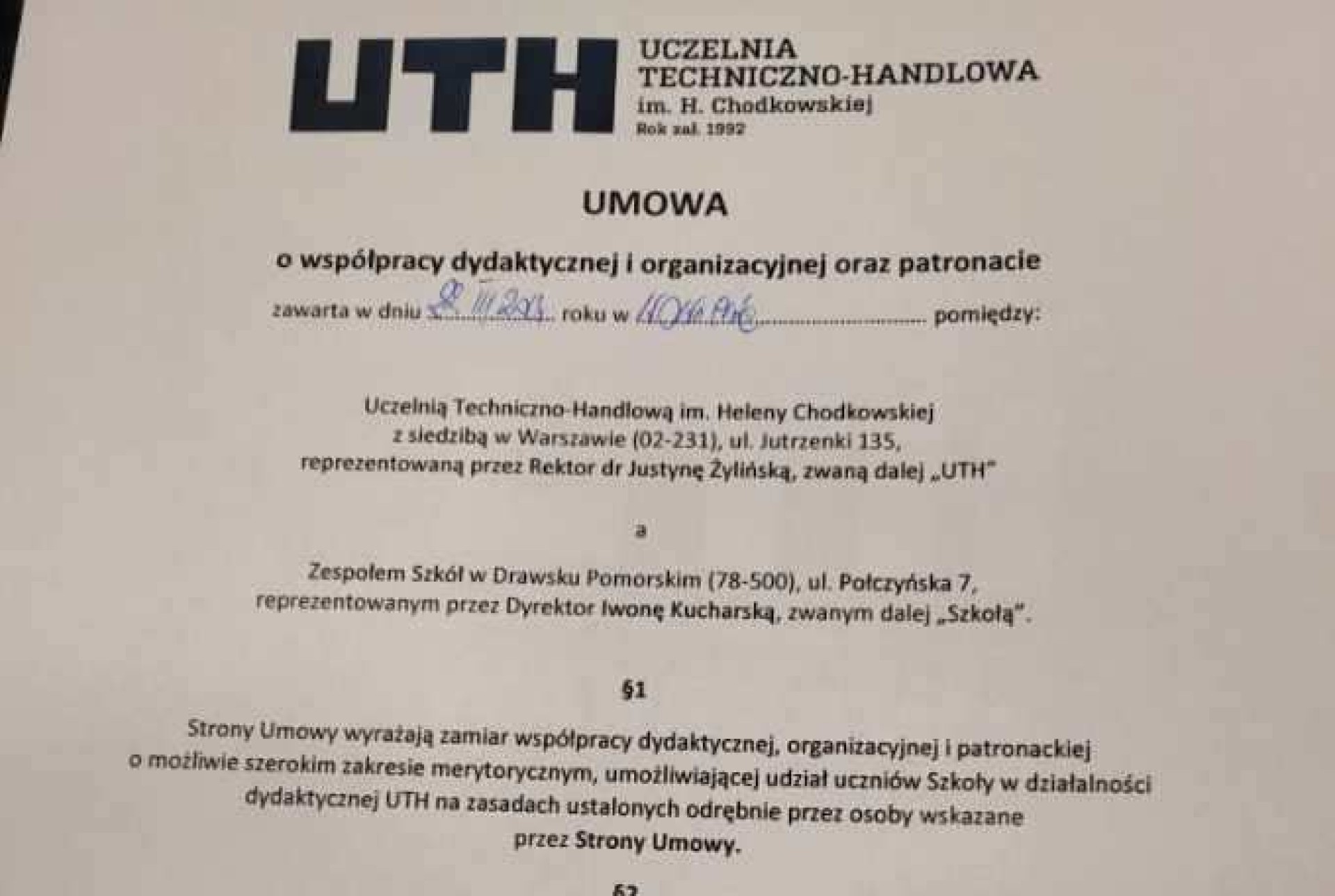 Drawska szkoła podpisała umowę o współpracy z warszawską uczelnią