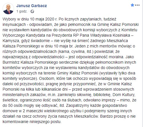 WYBORY: Janusz Garbacz: „nie wyślę na śmierć żadnego Mieszkańca Kalisza Pomorskiego w dniu 10 maja”
