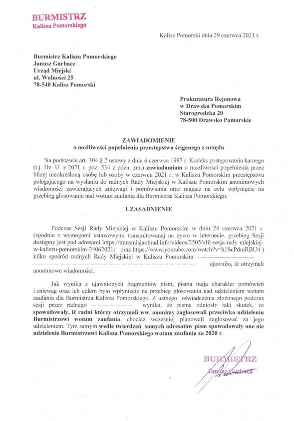 Próba wpłynięcia na radnych w Kaliszu Pomorskim trafia do prokuratury.