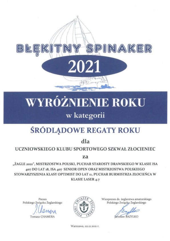 Błękitny Spinaker 2021 – wyróżnienie dla UKS Szkwał