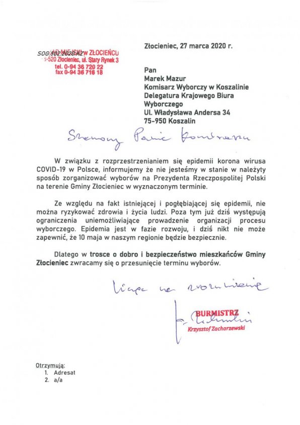 Burmistrza Złocieńca napisał do komisarza wyborczego w sprawie terminu Wyborów Prezydenckich 
